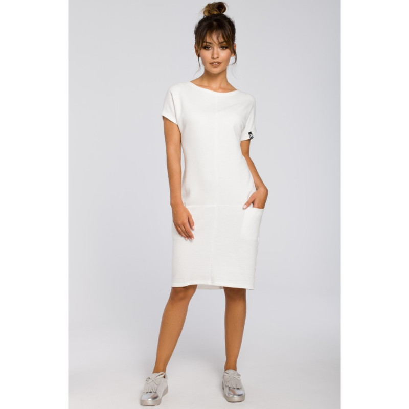 B050 Luźna sukienka midi z kieszeniami - ecru