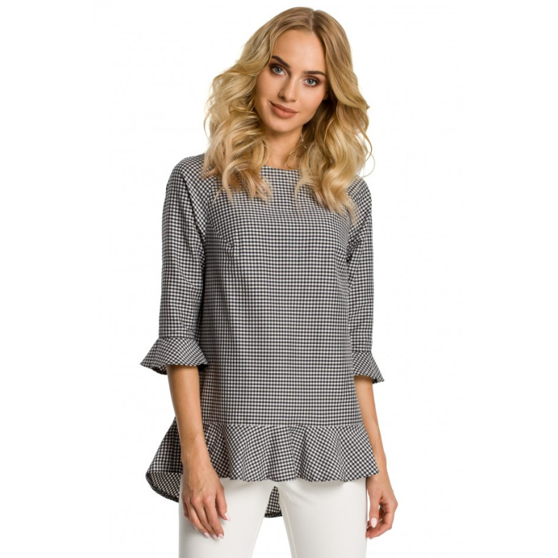 M350 Bluzka w kratkę z falbankami - czarna