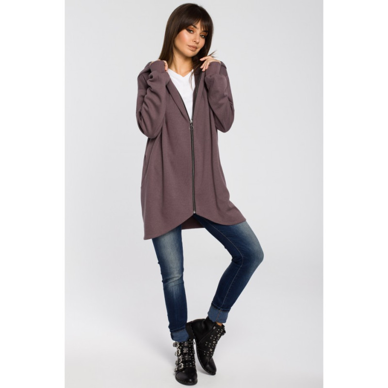 B054 Długa zasuwana bluza z kapturem - brązowa