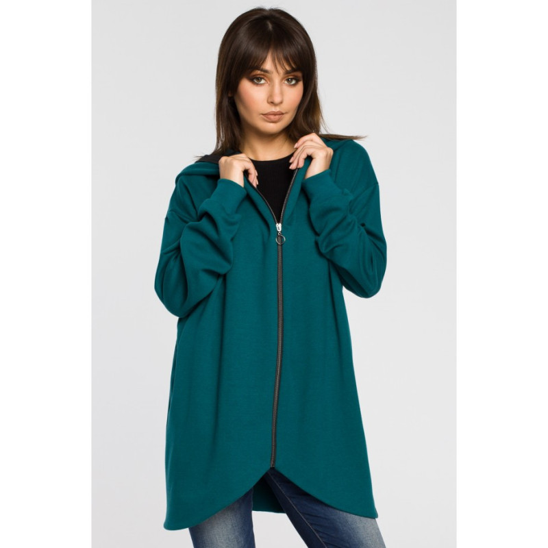 B054 Długa zasuwana bluza z kapturem - zielona