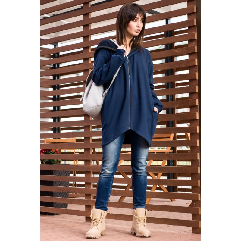 B054 Długa zasuwana bluza z kapturem - granatowa
