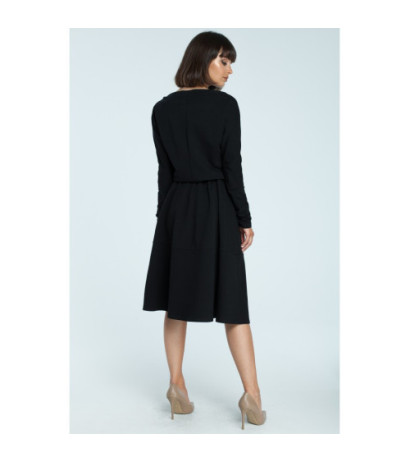 B087 Rozkloszowana sukienka z długim rękawem - czarna