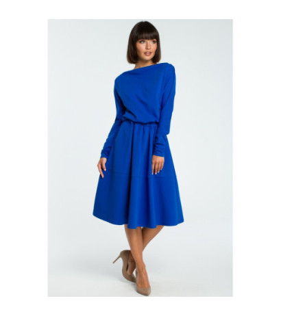 B087 Rozkloszowana sukienka z długim rękawem - chabrowa