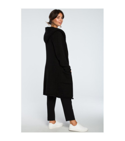 BK016 Długi niezapinany kardigan z kieszeniami - czarny