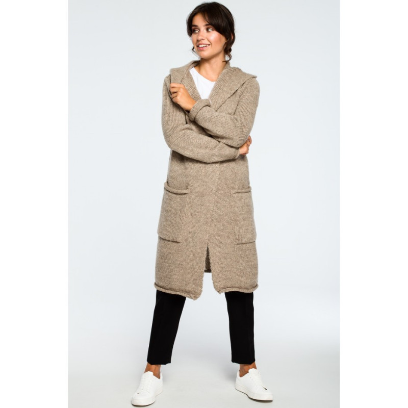 BK016 Długi niezapinany kardigan z kieszeniami - jasnobrązowy