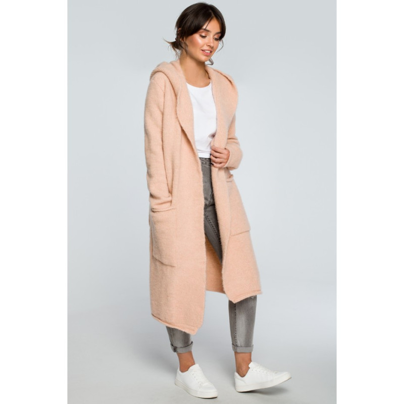 BK016 Długi niezapinany kardigan z kieszeniami - bladoróżowy