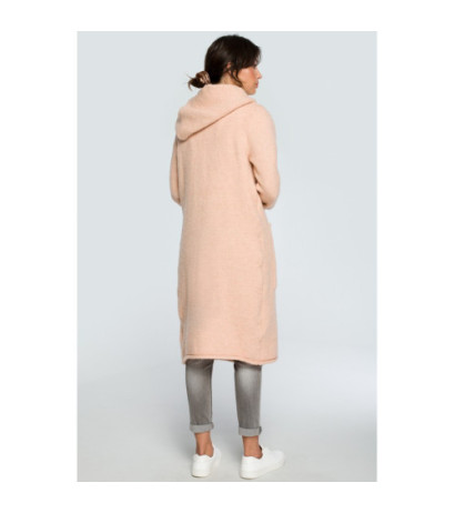 BK016 Długi niezapinany kardigan z kieszeniami - bladoróżowy