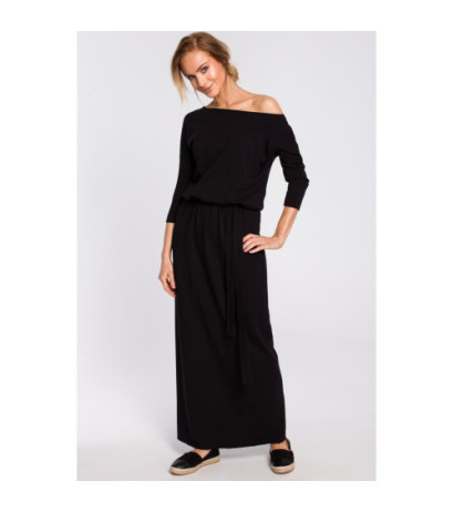 M435 Bawełniana sukienka maxi z paskiem w talii - czarna