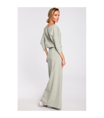 M435 Bawełniana sukienka maxi z paskiem w talii - pistacjowa