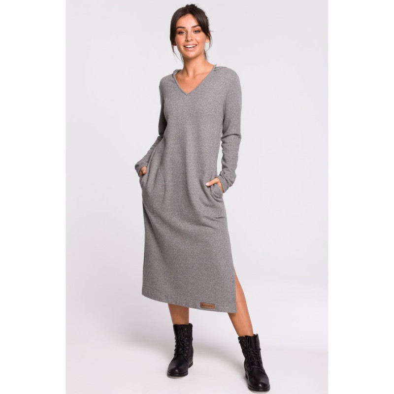 B128 Sukienka maxi z kapturem - szara