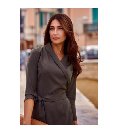 S175 Kopertowa sukienka z paskiem w talii - khaki