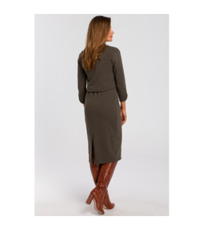 S194 Sukienka dzianinowa z dekoltem - oliwkowa