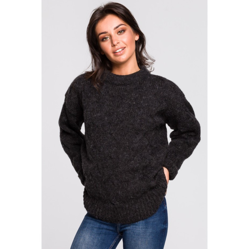 BK038 Sweter ze splotem typu warkocz - antracytowy