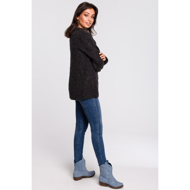 BK038 Sweter ze splotem typu warkocz - antracytowy