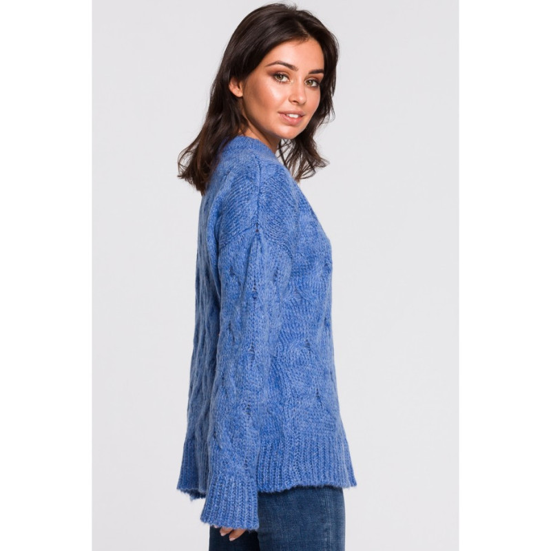 BK038 Sweter ze splotem typu warkocz - niebieski