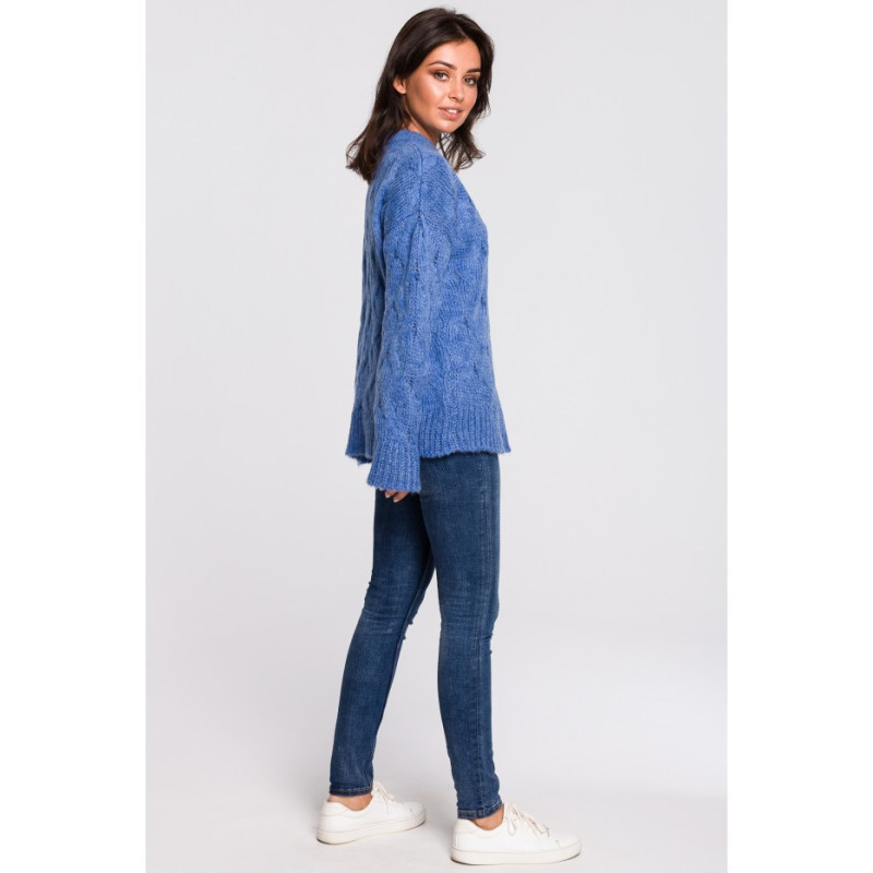 BK038 Sweter ze splotem typu warkocz - niebieski