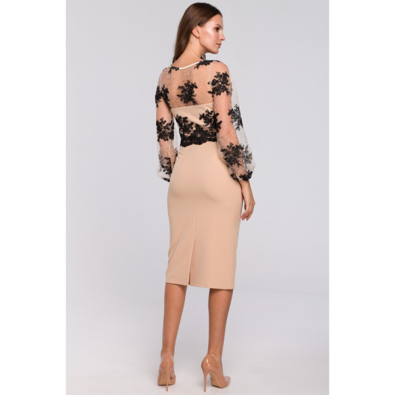 K013 Sukienka ołówkowa z koronkową górą - beżowa