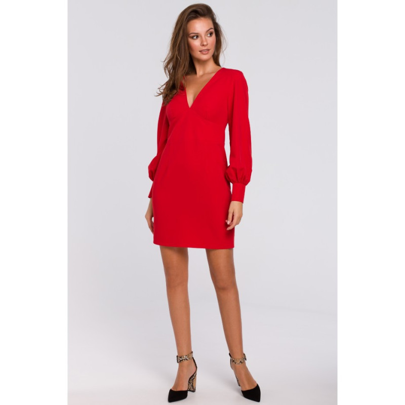 K027 Sukienka z bufiastymi rękawami - czerwona