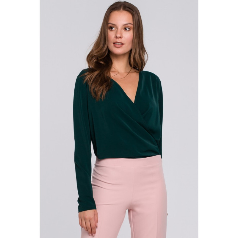 K037 Bluzka kopertowa z długim rękawem - zielona