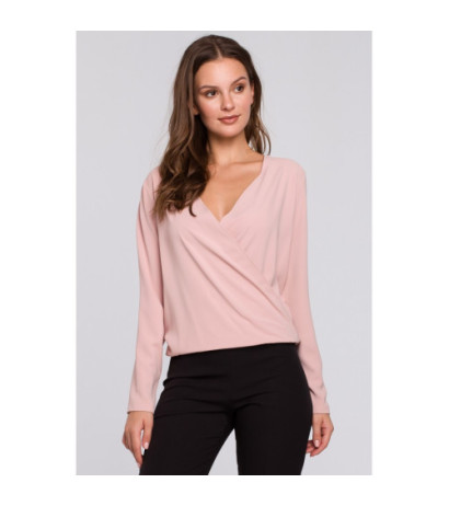 K037 Bluzka kopertowa z długim rękawem - pudrowa