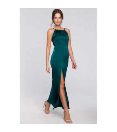 K042 Długa sukienka z rozcięciem na udzie - zielona