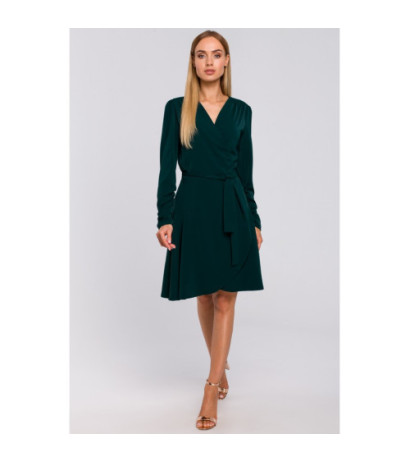 M487 Sukienka na zakładkę wiązana w pasie - zielona