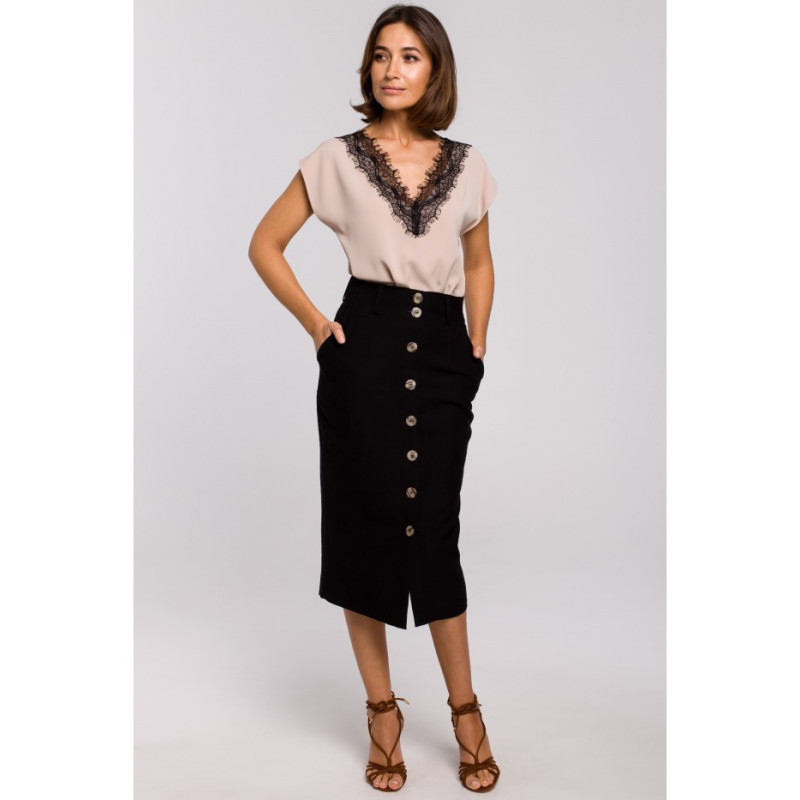 S206 Bluzka bez rękawów z dekoltem wykończonym koronką - beżowa