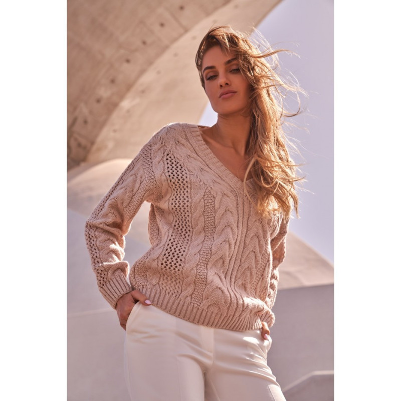 M510 Ażurowy sweter z dekoltem w serek - pudrowy