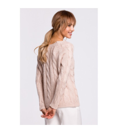 M511 Sweter z splotem typu warkocz i dekoltem w łódkę - pudrowy