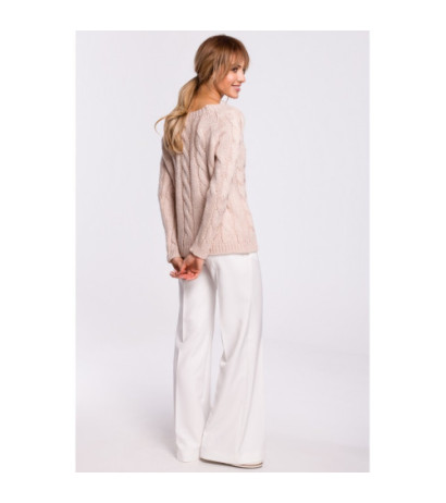 M511 Sweter z splotem typu warkocz i dekoltem w łódkę - pudrowy