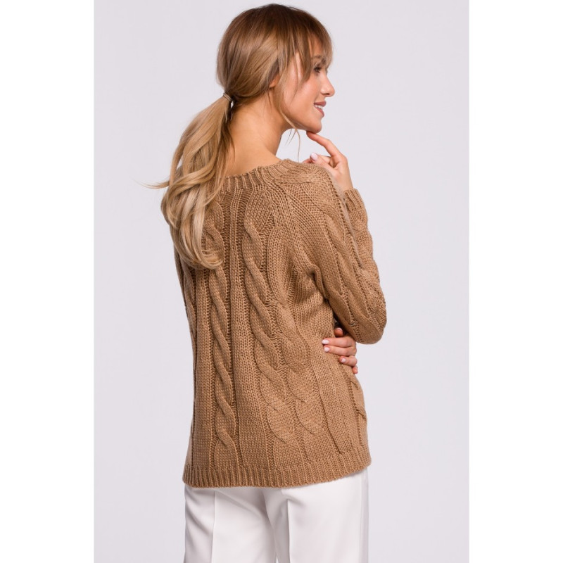 M511 Sweter z splotem typu warkocz i dekoltem w łódkę - beżowy