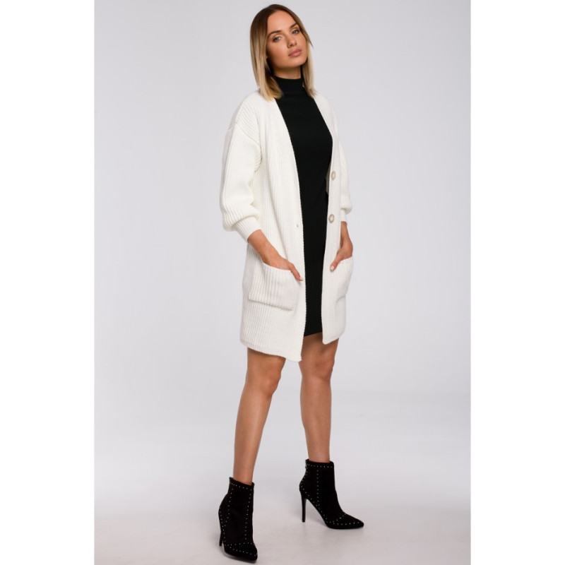 M538 Kardigan prążek z naszytymi kieszeniami - ecru