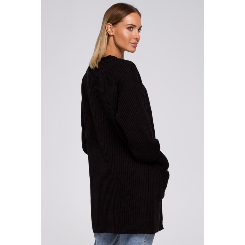 M538 Kardigan prążek z naszytymi kieszeniami - czarny