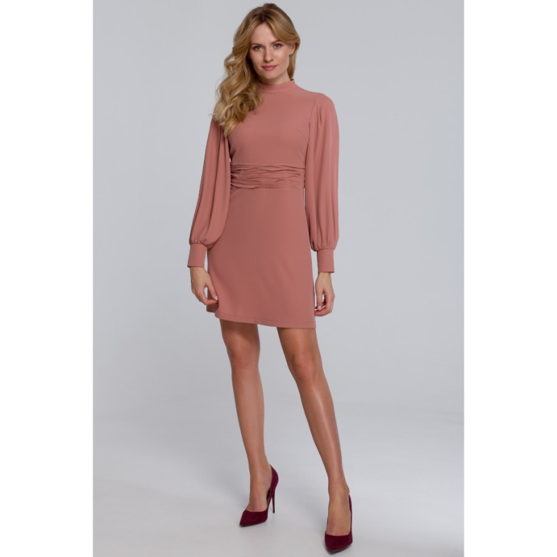 K078 Sukienka z marszczonym paskiem - różana