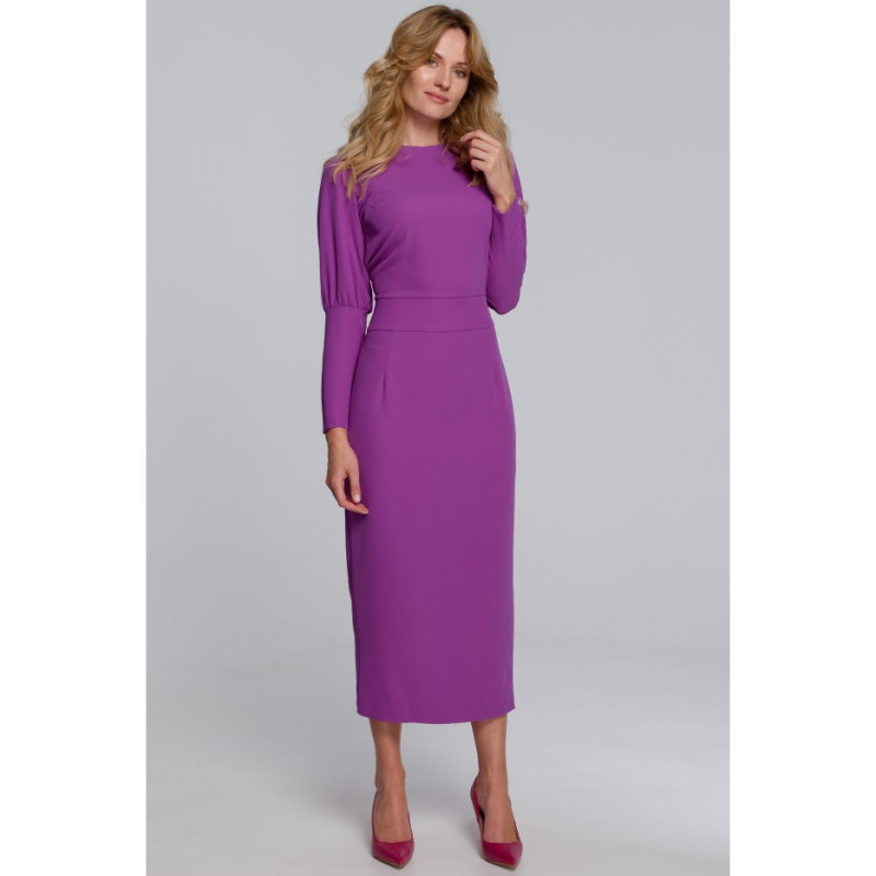 K079 Sukienka midi z wysokimi mankietami - lawendowa