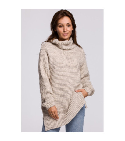 BK047 Sweter oversize z golfem - beżowy