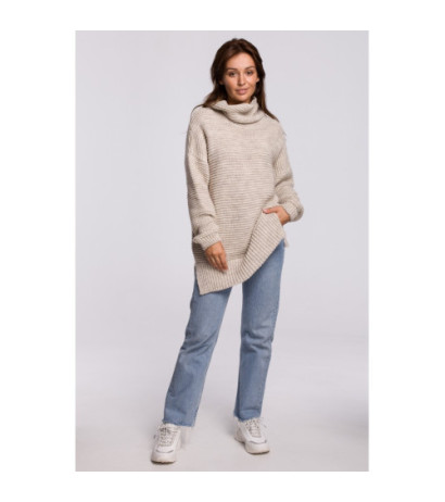 BK047 Sweter oversize z golfem - beżowy