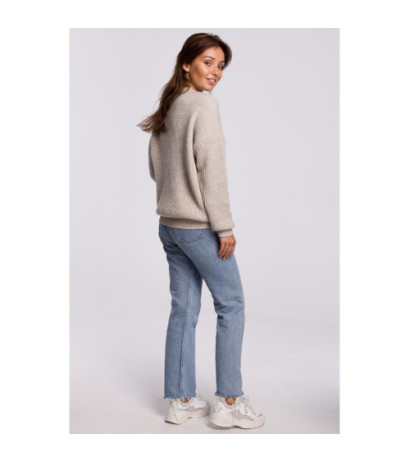 BK052 Długi sweter w prążek - beżowy