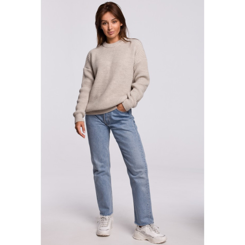 BK052 Długi sweter w prążek - beżowy