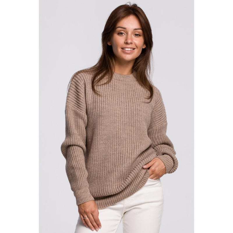 BK052 Długi sweter w prążek - cappuccino