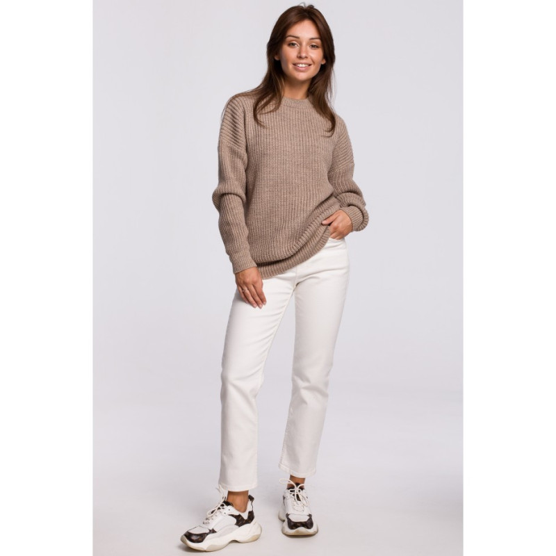 BK052 Długi sweter w prążek - cappuccino