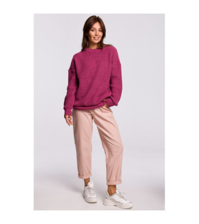 BK052 Długi sweter w prążek - wrzosowy