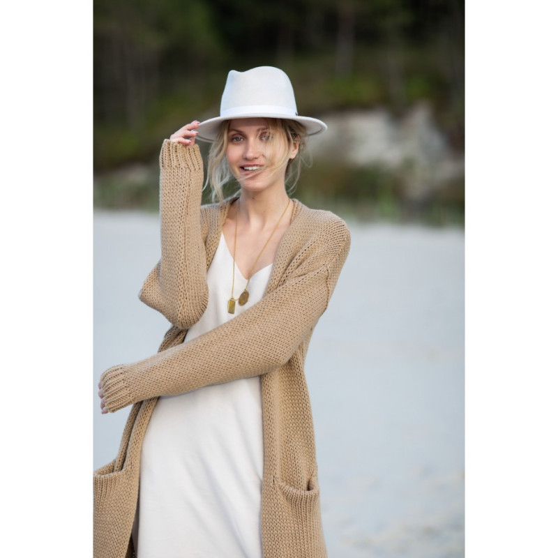 BK053 Długi kardigan z kieszeniami - kamelowy