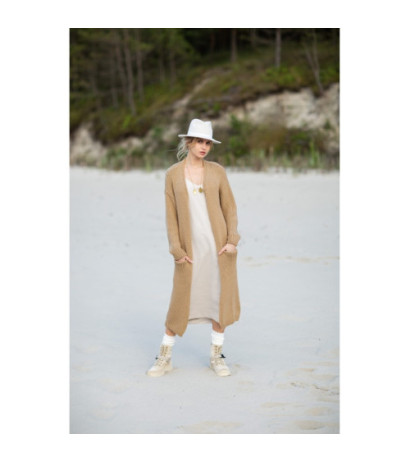 BK053 Długi kardigan z kieszeniami - kamelowy