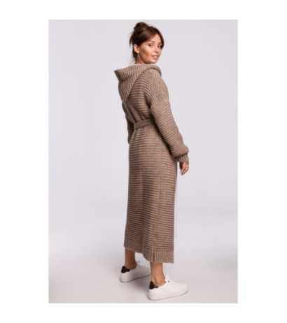 BK054 Długi kardigan z kapturem i paskiem - cappuccino