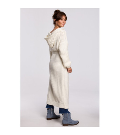 BK054 Długi kardigan z kapturem i paskiem - ecru