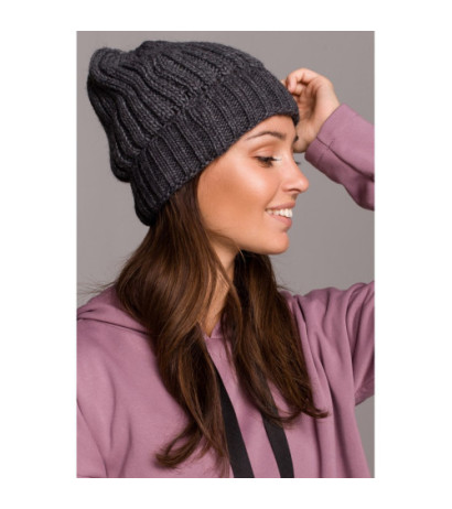 BK058 Czapka splot łańcuszek z wywinięciem - grafitowa