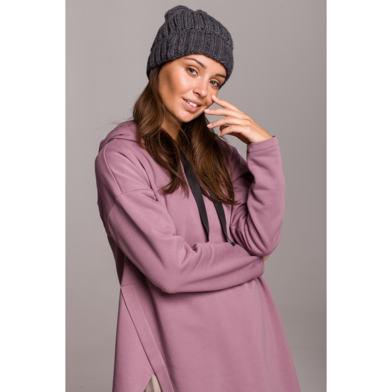 BK058 Czapka splot łańcuszek z wywinięciem - grafitowa