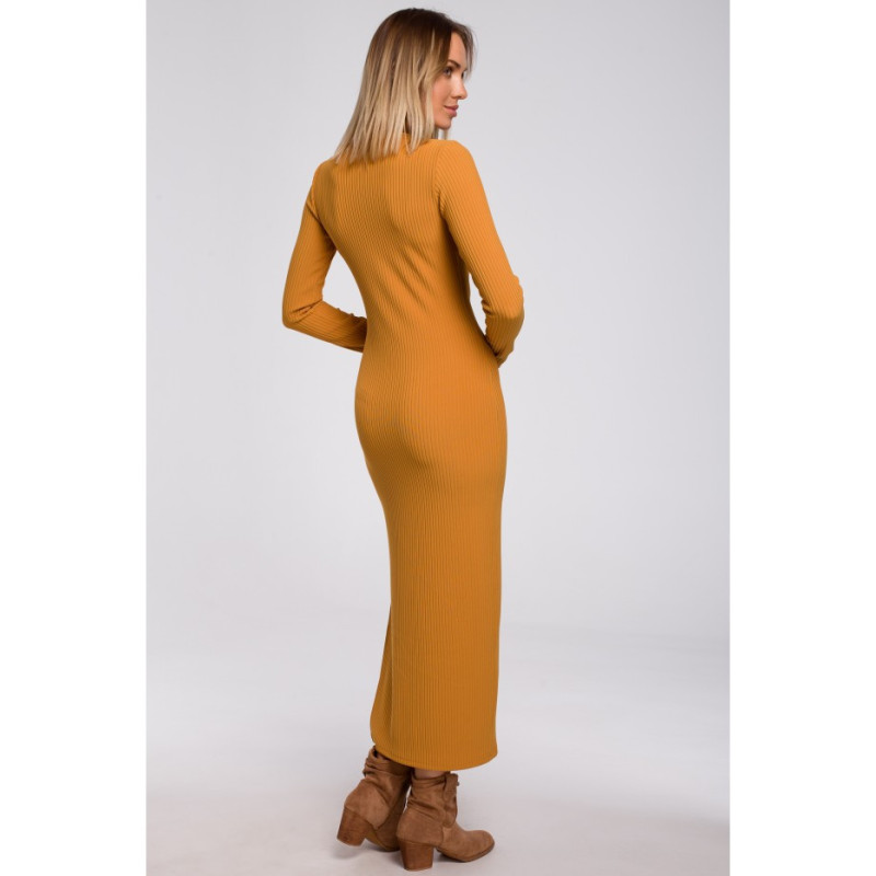 M544 Sukienka maxi z rozcięciem na nogę - musztardowa