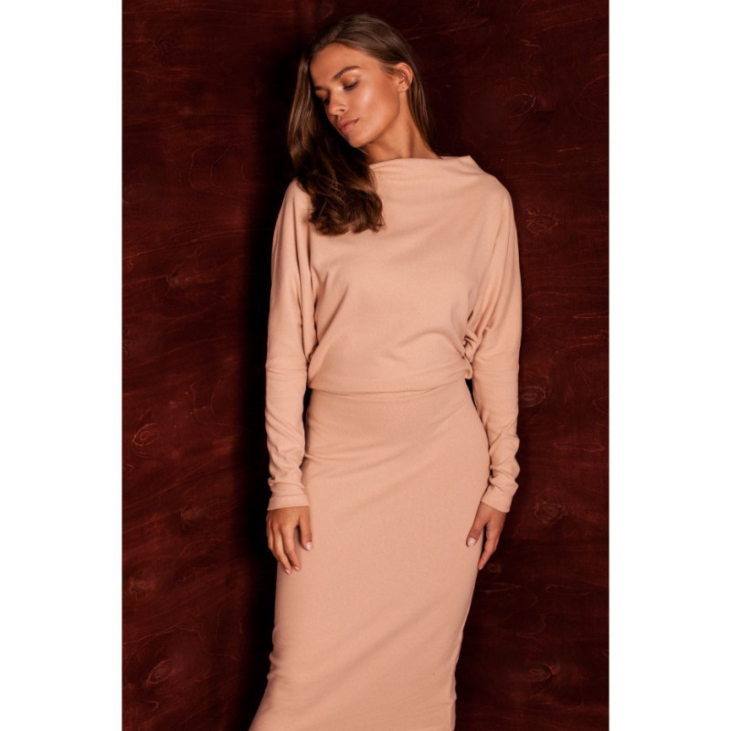 S245 Sukienka z drapowanym dekoltem - beżowa